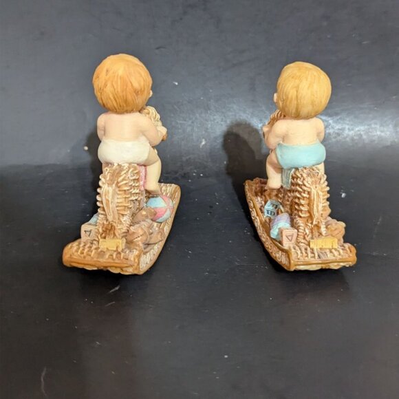 Two Resin Baby Figurines Riding Rocking Horse Vintage Decor 3.5" Nursery - Picture 4 of 8